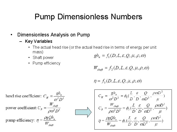 Pump Dimensionless Numbers • Dimensionless Analysis on Pump – Key Variables • The actual