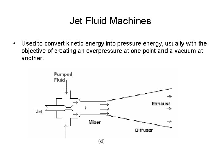 Jet Fluid Machines • Used to convert kinetic energy into pressure energy, usually with