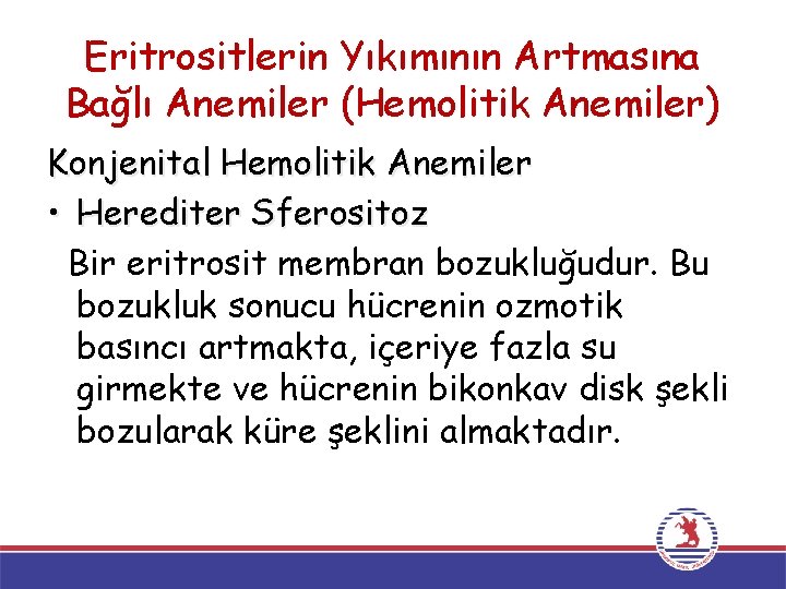 Eritrositlerin Yıkımının Artmasına Bağlı Anemiler (Hemolitik Anemiler) Konjenital Hemolitik Anemiler • Herediter Sferositoz Bir