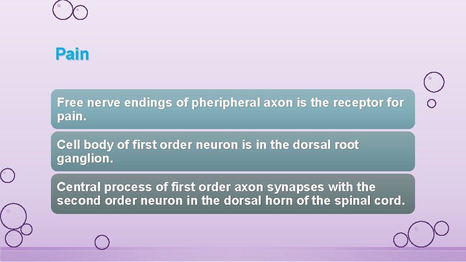 Pain Free nerve endings of pheripheral axon is the receptor for pain. Cell body