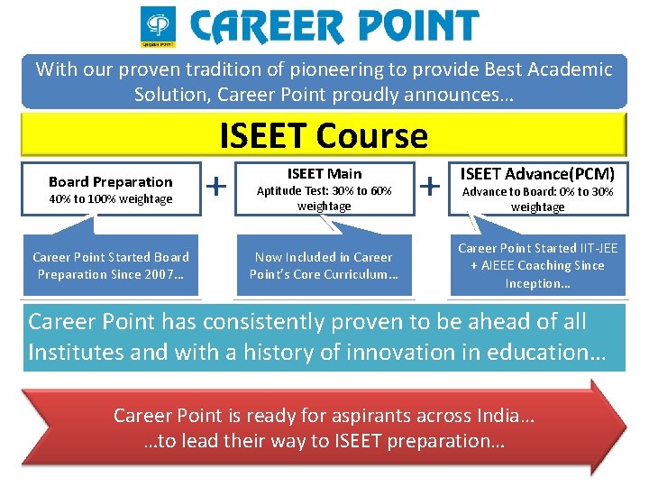 With our proven tradition of pioneering to provide Best Academic Solution, Career Point proudly