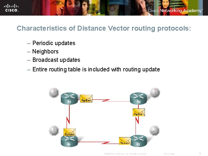 Characteristics of Distance Vector routing protocols: – Periodic updates – Neighbors – Broadcast updates Characteristics of Distance Vector routing protocols: – Periodic updates – Neighbors – Broadcast updates