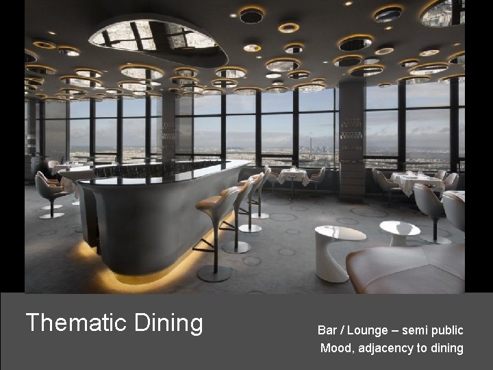 Thematic Dining Bar / Lounge – semi public Mood, adjacency to dining 