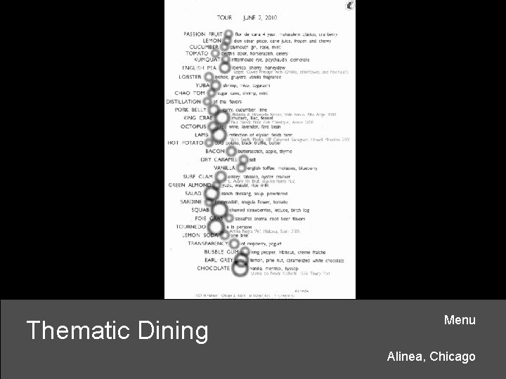 Thematic Dining Menu Alinea, Chicago 