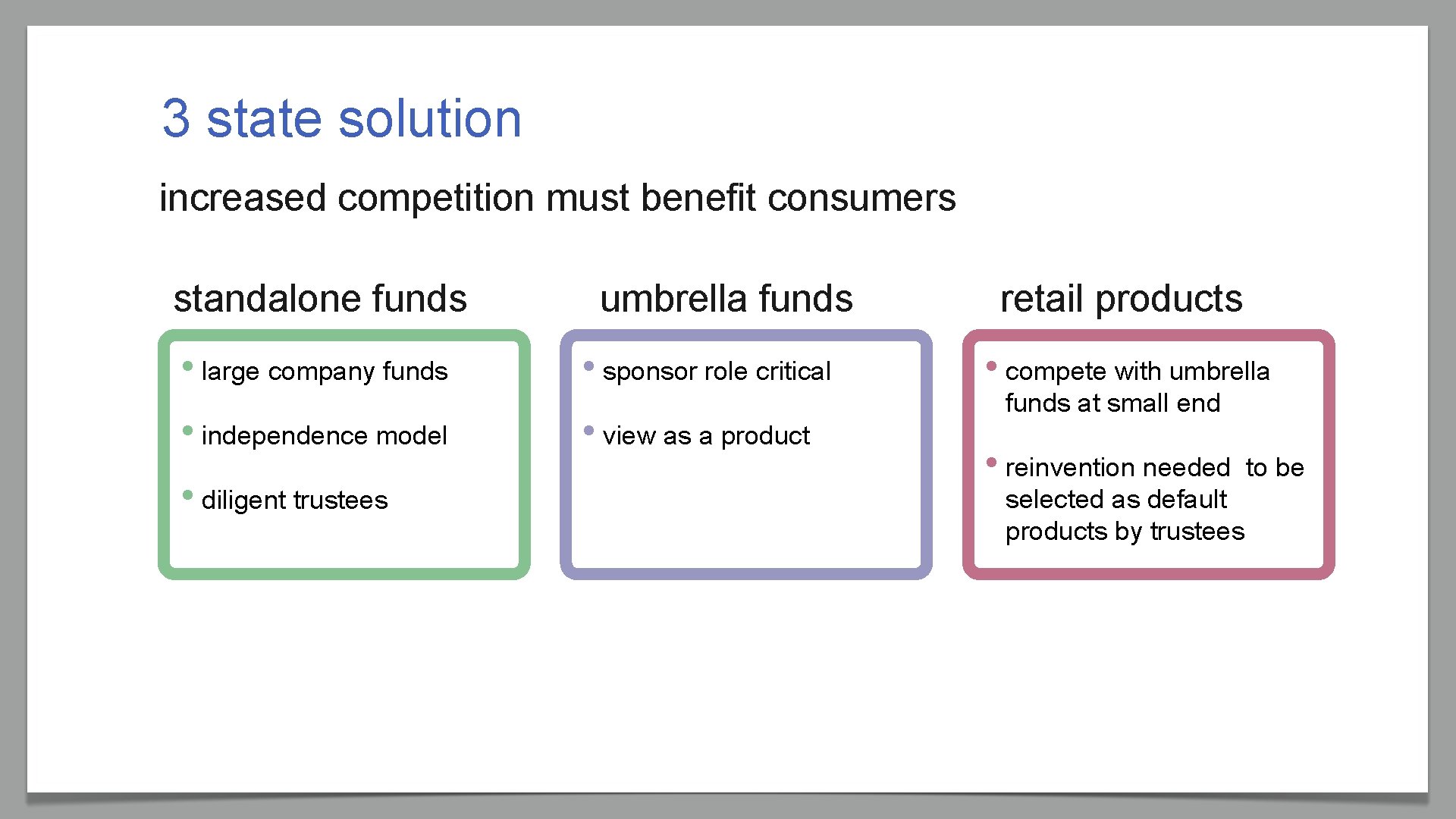 3 state solution increased competition must benefit consumers standalone funds umbrella funds • large