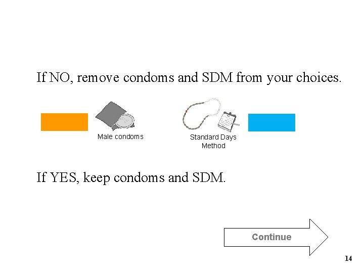 If NO, remove condoms and SDM from your choices. Male condoms Standard Days Method If NO, remove condoms and SDM from your choices. Male condoms Standard Days Method