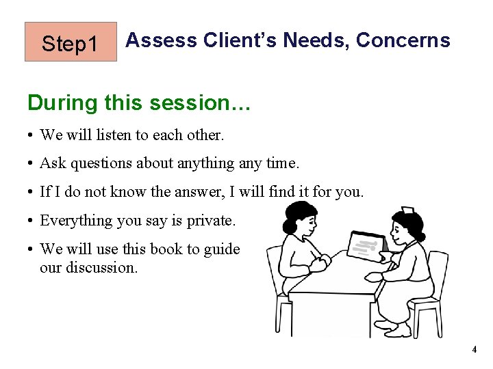 Step 1 Assess Client’s Needs, Concerns During this session… • We will listen to Step 1 Assess Client’s Needs, Concerns During this session… • We will listen to