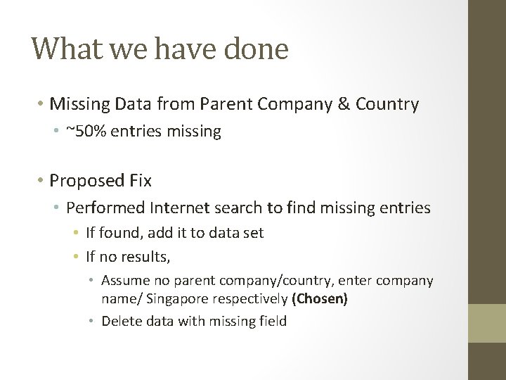 What we have done • Missing Data from Parent Company & Country • ~50%