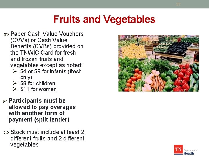 37 Fruits and Vegetables Paper Cash Value Vouchers (CVVs) or Cash Value Benefits (CVBs)