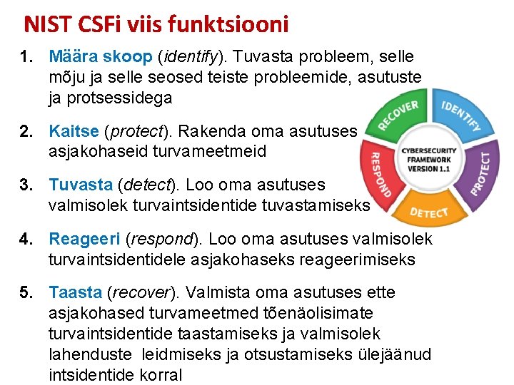 NIST CSFi viis funktsiooni 1. Määra skoop (identify). Tuvasta probleem, selle mõju ja selle
