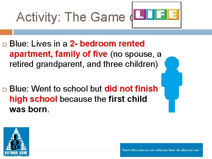 Activity: The Game of Blue: Lives in a 2 - bedroom rented apartment, family