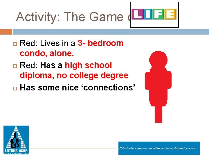 Activity: The Game of LIFE Red: Lives in a 3 - bedroom condo, alone.