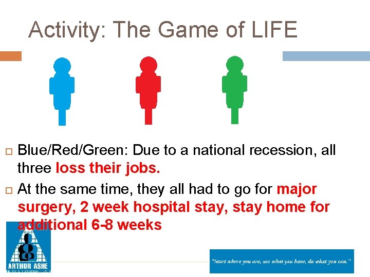 Activity: The Game of LIFE Blue/Red/Green: Due to a national recession, all three loss