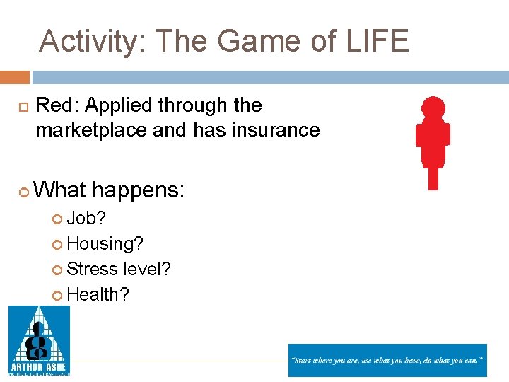 Activity: The Game of LIFE Red: Applied through the marketplace and has insurance What