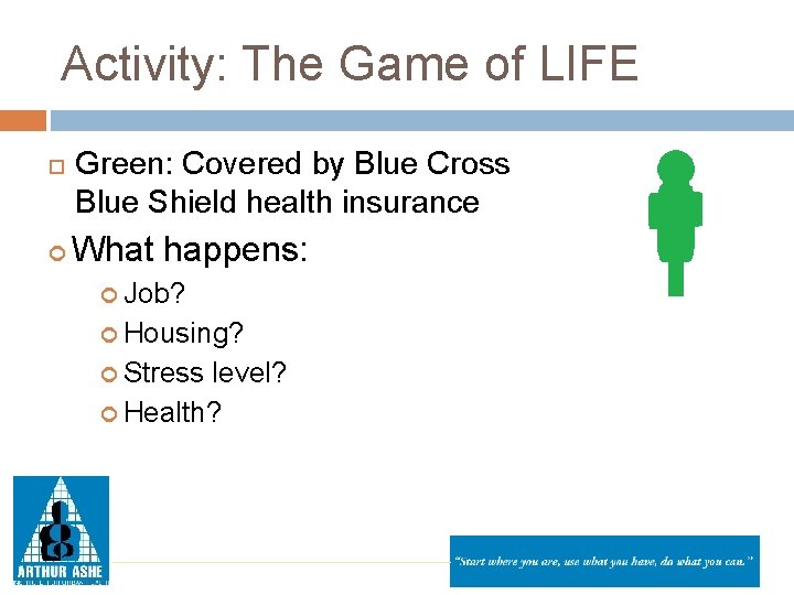 Activity: The Game of LIFE Green: Covered by Blue Cross Blue Shield health insurance