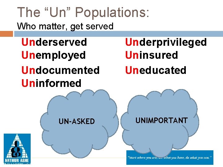 The “Un” Populations: Who matter, get served Underserved Unemployed Undocumented Uninformed UN-ASKED Underprivileged Uninsured