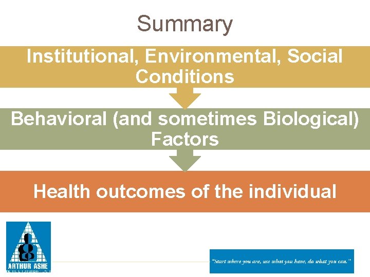 Summary Institutional, Environmental, Social Conditions Behavioral (and sometimes Biological) Factors Health outcomes of the