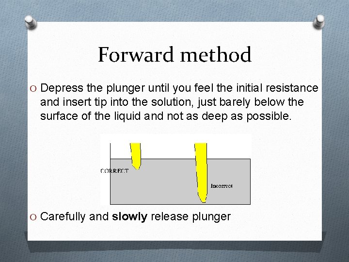 Forward method O Depress the plunger until you feel the initial resistance and insert