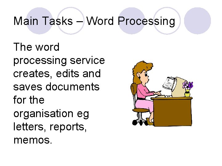 Main Tasks – Word Processing The word processing service creates, edits and saves documents