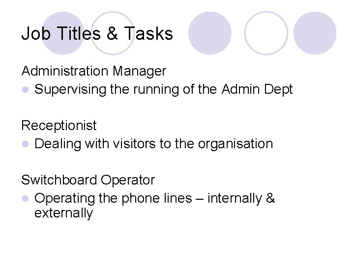 Job Titles & Tasks Administration Manager l Supervising the running of the Admin Dept