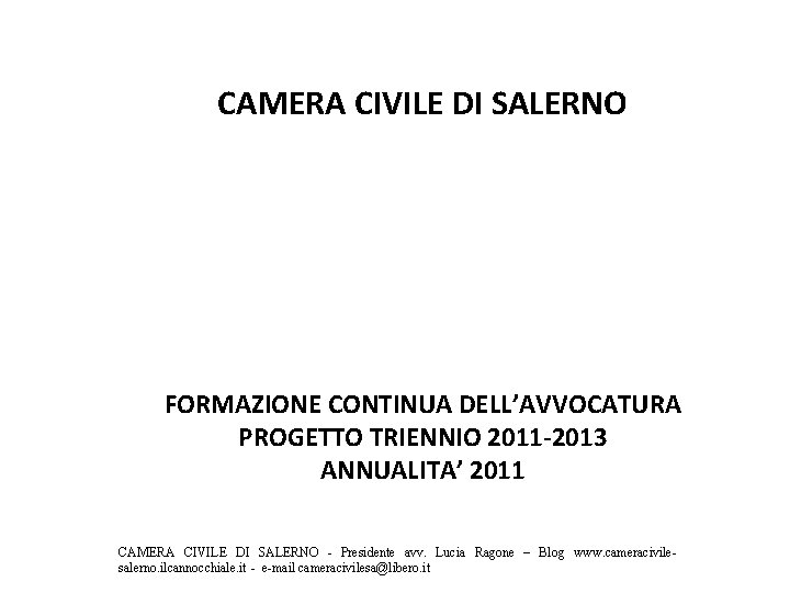 CAMERA CIVILE DI SALERNO FORMAZIONE CONTINUA DELL’AVVOCATURA PROGETTO TRIENNIO 2011 -2013 ANNUALITA’ 2011 CAMERA