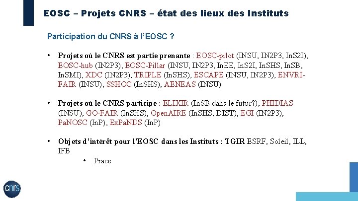 EOSC – Projets CNRS – état des lieux des Instituts Participation du CNRS à