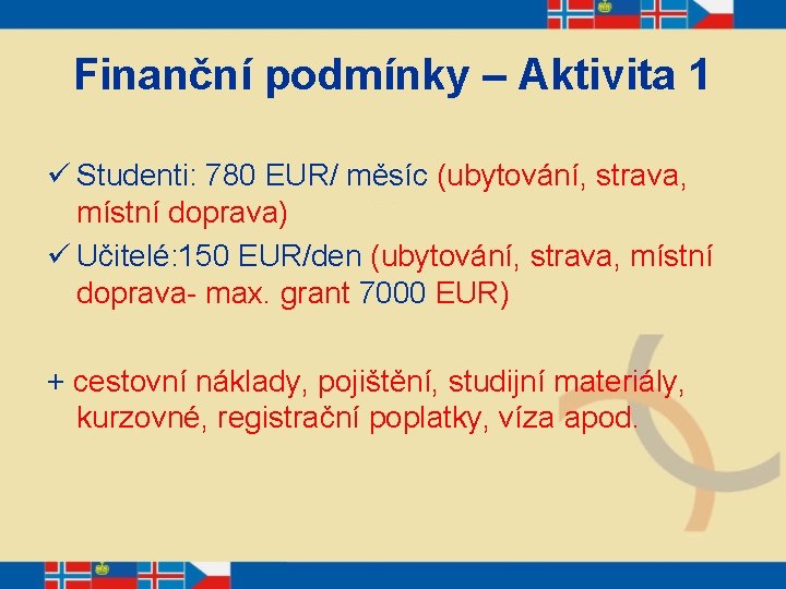 Finanční podmínky – Aktivita 1 ü Studenti: 780 EUR/ měsíc (ubytování, strava, místní doprava)