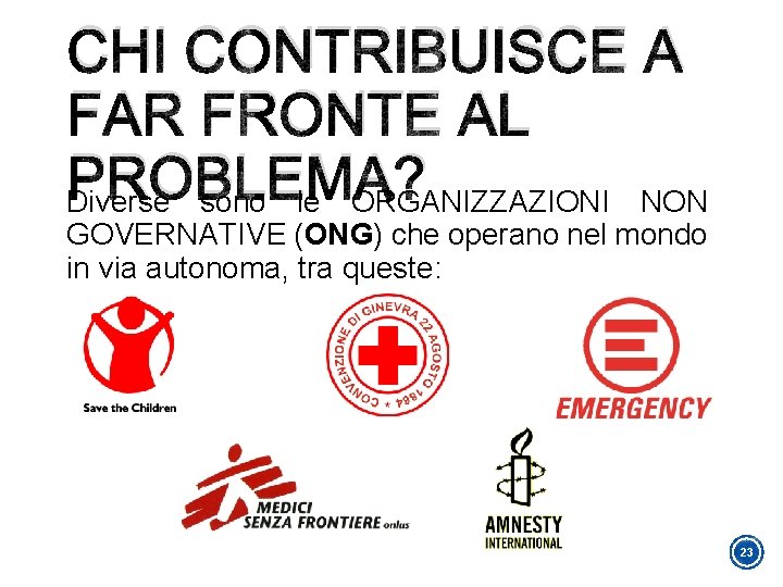 CHI CONTRIBUISCE A FAR FRONTE AL PROBLEMA? Diverse sono le ORGANIZZAZIONI NON GOVERNATIVE (ONG)