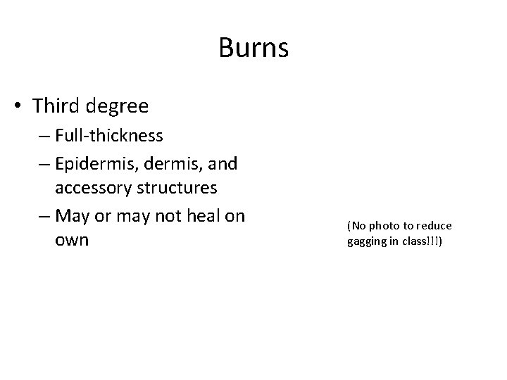 Burns • Third degree – Full-thickness – Epidermis, and accessory structures – May or