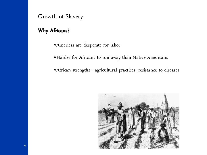 Growth of Slavery Why Africans? • Americas are desperate for labor • Harder for