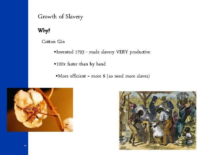 Growth of Slavery Why? Cotton Gin • Invented 1793 - made slavery VERY productive