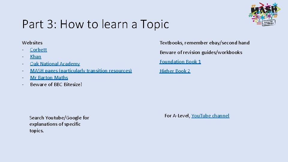 Part 3: How to learn a Topic Websites - Corbett - Khan - Oak