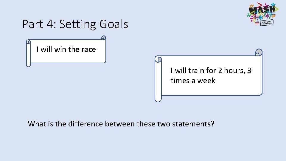 Part 4: Setting Goals I will win the race I will train for 2