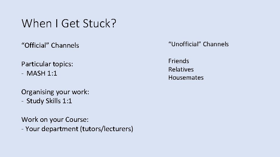 When I Get Stuck? “Official” Channels “Unofficial” Channels Particular topics: - MASH 1: 1