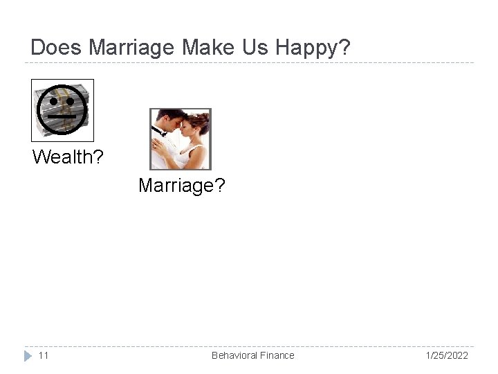 Does Marriage Make Us Happy? Wealth? Marriage? 11 Behavioral Finance 1/25/2022 