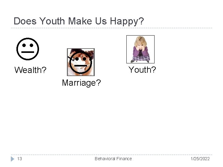 Does Youth Make Us Happy? Youth? Wealth? Marriage? 13 Behavioral Finance 1/25/2022 