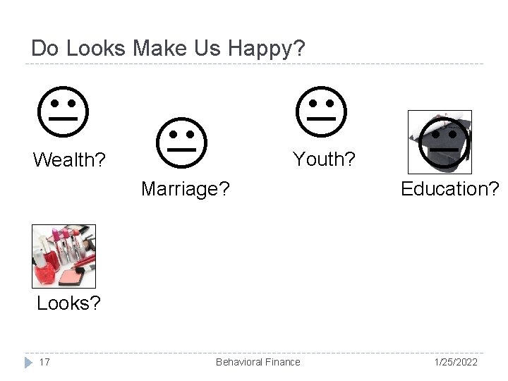 Do Looks Make Us Happy? Youth? Wealth? Marriage? Education? Looks? 17 Behavioral Finance 1/25/2022