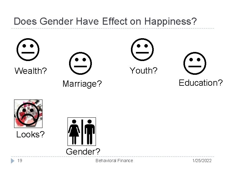 Does Gender Have Effect on Happiness? Youth? Wealth? Marriage? Education? Looks? Gender? 19 Behavioral