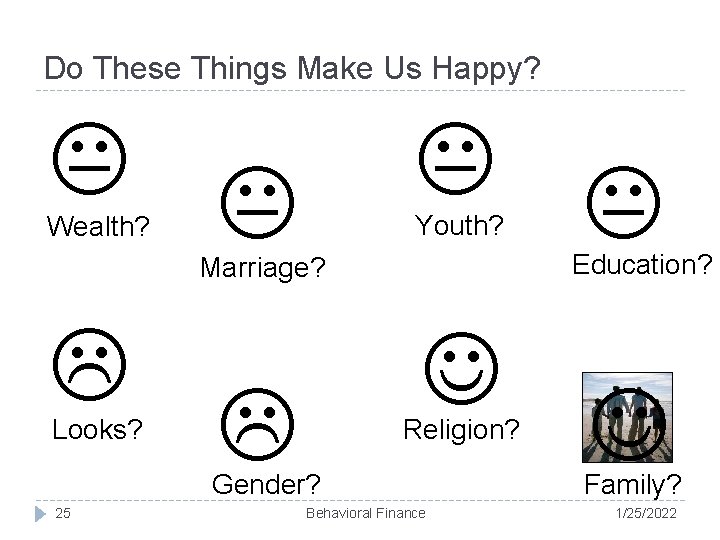 Do These Things Make Us Happy? Youth? Wealth? Marriage? Looks? Education? Religion? Gender? 25