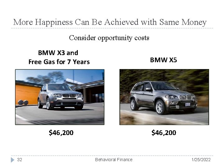 More Happiness Can Be Achieved with Same Money Consider opportunity costs 32 BMW X