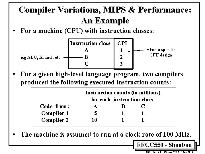 Compiler Variations, MIPS & Performance: An Example • For a machine (CPU) with instruction