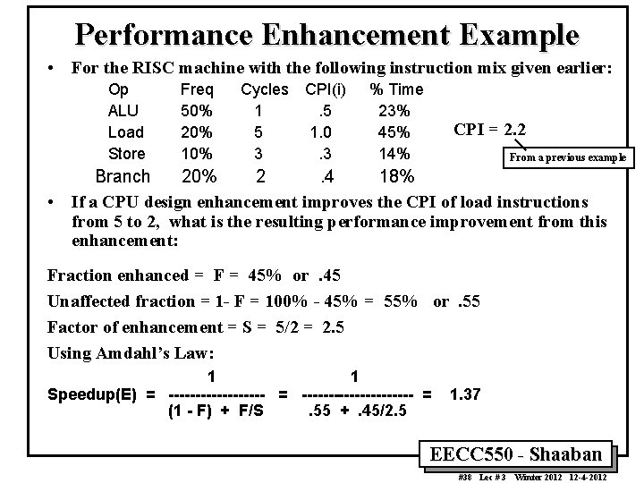 Performance Enhancement Example • For the RISC machine with the following instruction mix given