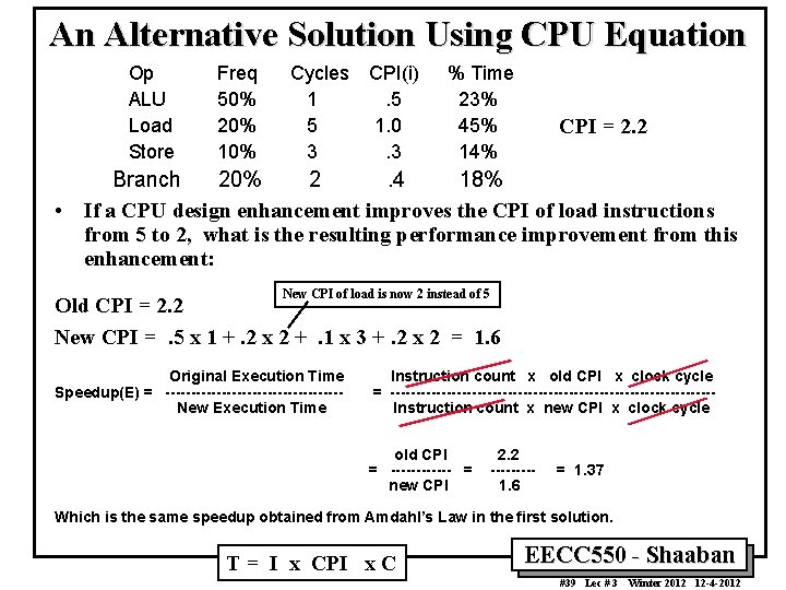 An Alternative Solution Using CPU Equation Op ALU Load Store Freq 50% 20% 10%