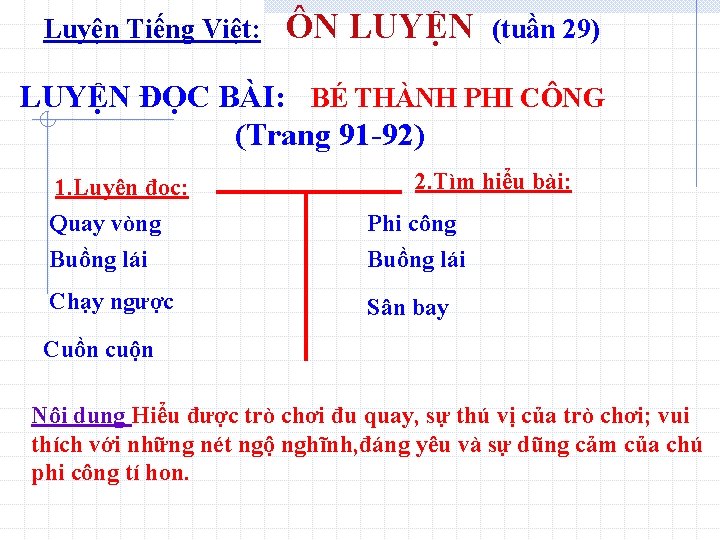 Luyện Tiếng Việt: ÔN LUYỆN (tuần 29) LUYỆN ĐỌC BÀI: BÉ THÀNH PHI CÔNG