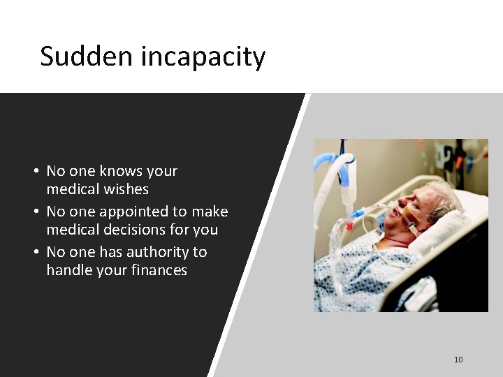 Sudden incapacity • No one knows your medical wishes • No one appointed to