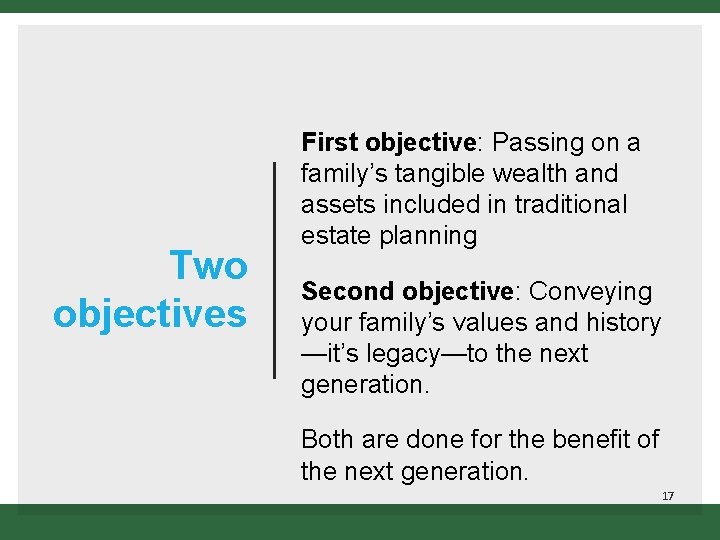 Two objectives First objective: Passing on a family’s tangible wealth and assets included in