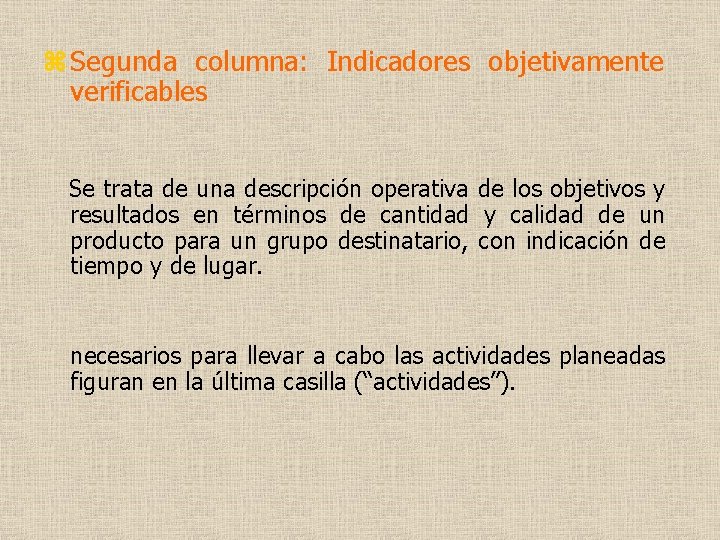 z Segunda columna: Indicadores objetivamente verificables Se trata de una descripción operativa de los