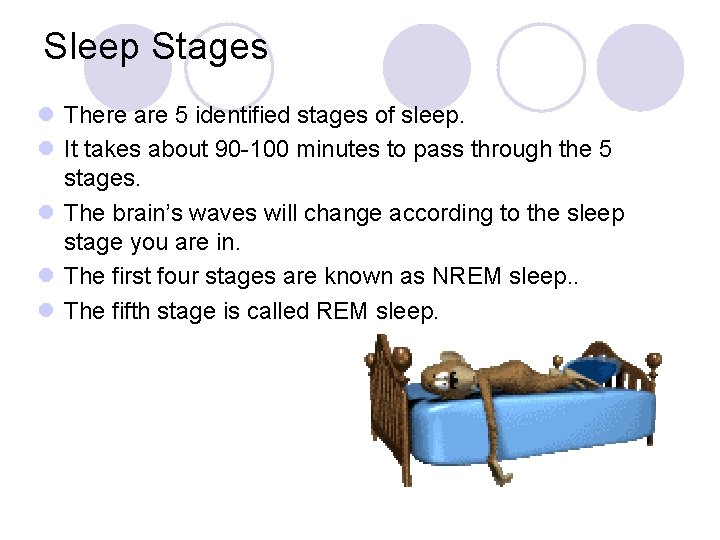 Sleep Stages l There are 5 identified stages of sleep. l It takes about