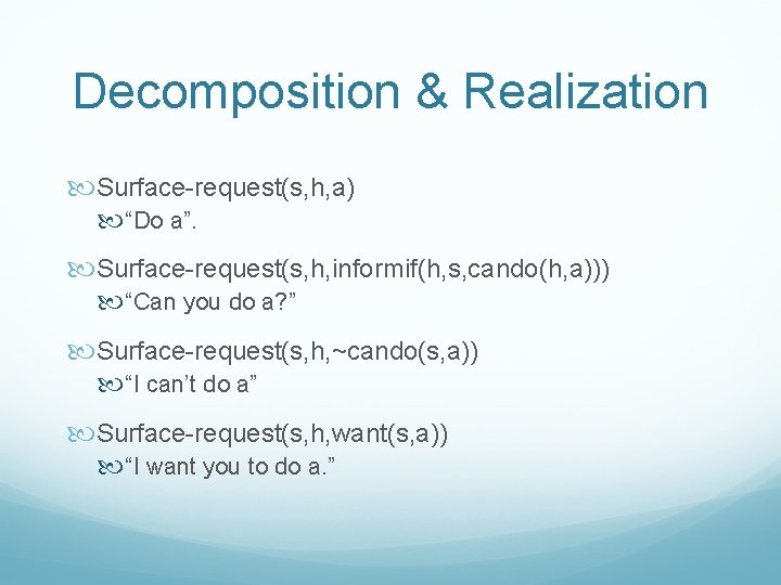 Decomposition & Realization Surface-request(s, h, a) “Do a”. Surface-request(s, h, informif(h, s, cando(h, a)))