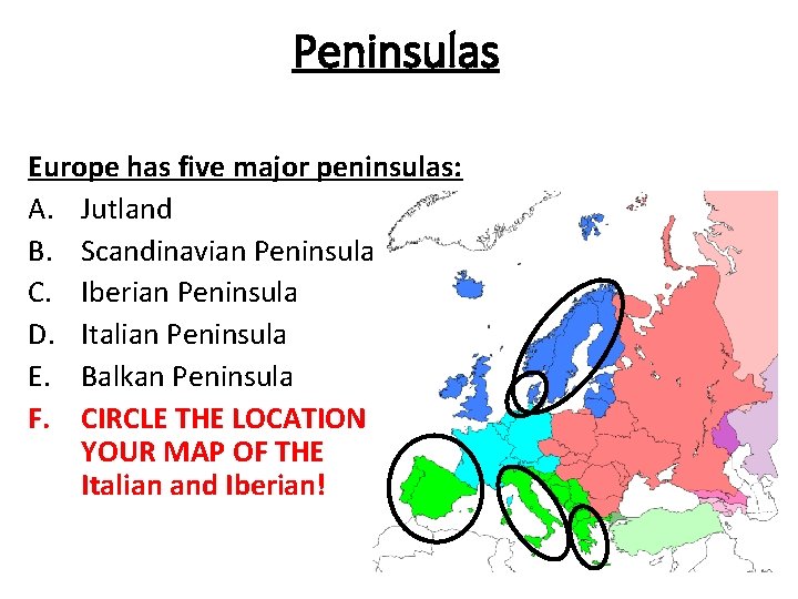 Peninsulas Europe has five major peninsulas: A. Jutland B. Scandinavian Peninsula C. Iberian Peninsula